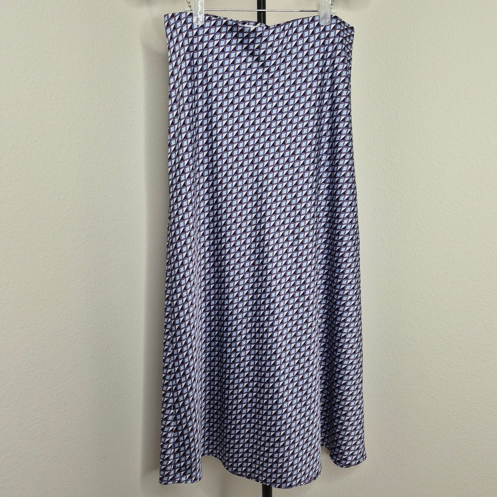 LOFT Blue Geometric Print Satin Maxi Skirt Pull O Indie Alt Fashion Long Size M